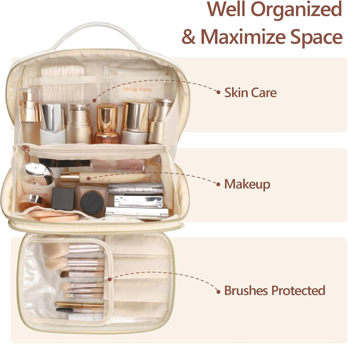 Quilted Travel Makeup Bag for Women - PU Leather Open Flat Cosmetic Bags for Women with Dividers, Independent Brush Holder, Waterproof Make Up Organizer for Travel Bathroom, Cream (L)
