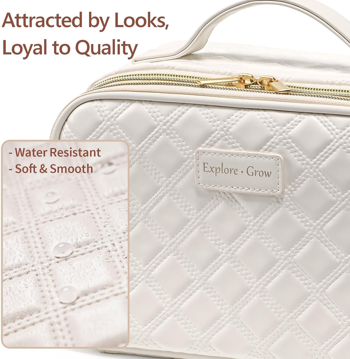 Quilted Travel Makeup Bag for Women - PU Leather Open Flat Cosmetic Bags for Women with Dividers, Independent Brush Holder, Waterproof Make Up Organizer for Travel Bathroom, Cream (L)