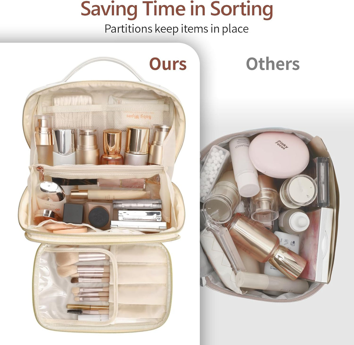 Quilted Travel Makeup Bag for Women - PU Leather Open Flat Cosmetic Bags for Women with Dividers, Independent Brush Holder, Waterproof Make Up Organizer for Travel Bathroom, Cream (L)
