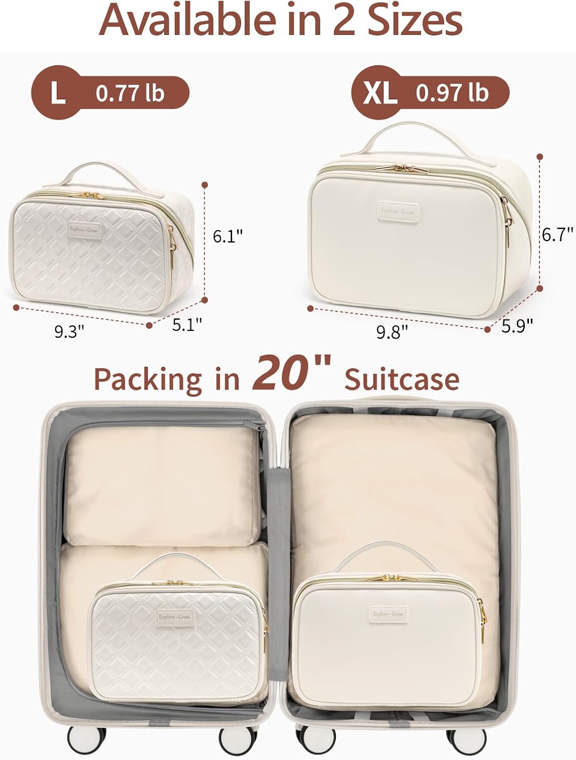 Quilted Travel Makeup Bag for Women - PU Leather Open Flat Cosmetic Bags for Women with Dividers, Independent Brush Holder, Waterproof Make Up Organizer for Travel Bathroom, Cream (L)