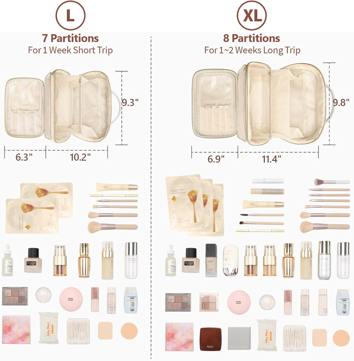 Quilted Travel Makeup Bag for Women - PU Leather Open Flat Cosmetic Bags for Women with Dividers, Independent Brush Holder, Waterproof Make Up Organizer for Travel Bathroom, Cream (L)