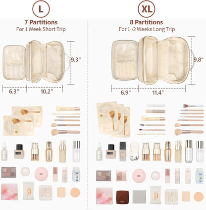 Quilted Travel Makeup Bag for Women - PU Leather Open Flat Cosmetic Bags for Women with Dividers, Independent Brush Holder, Waterproof Make Up Organizer for Travel Bathroom, Cream (L)
