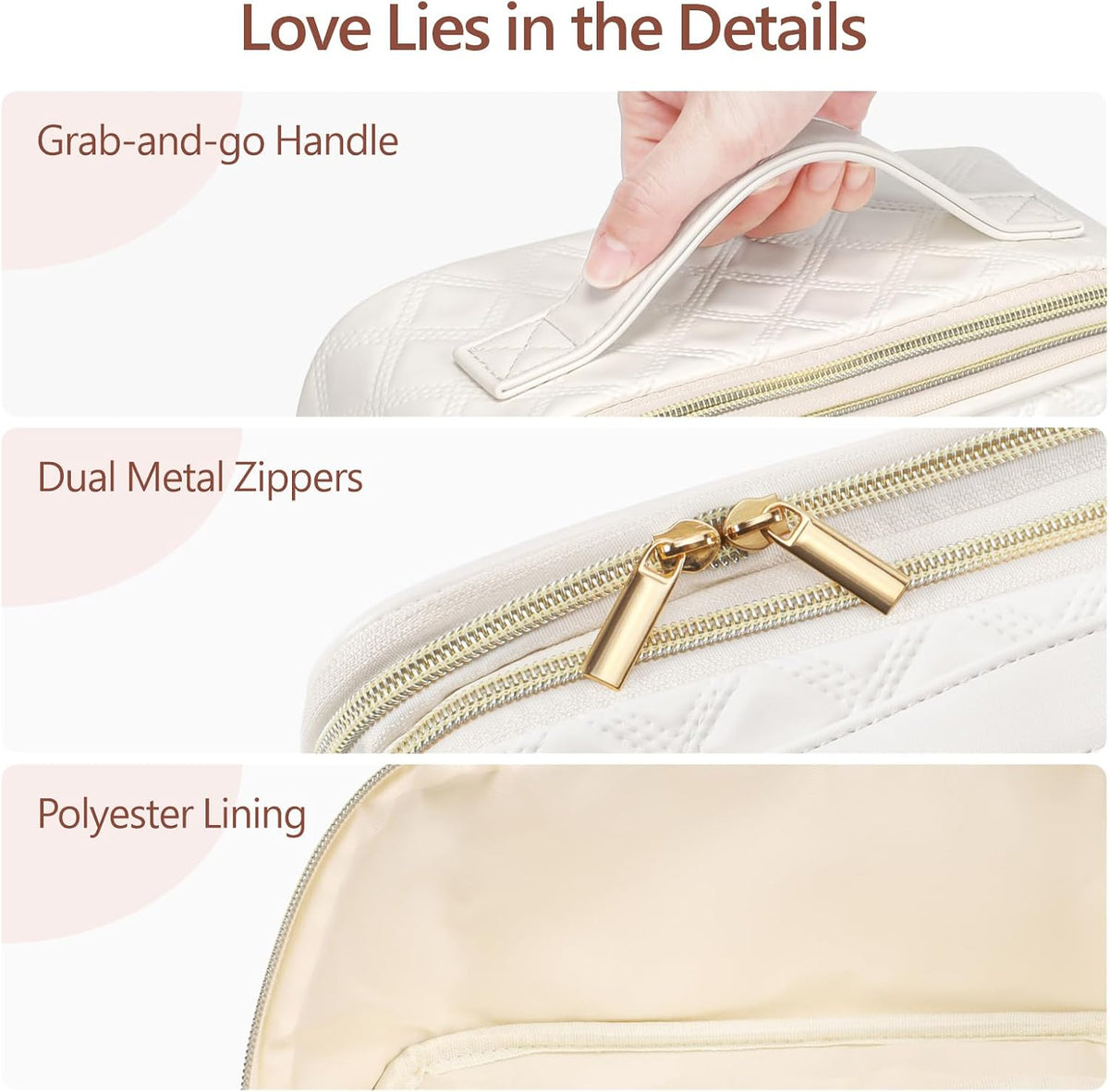 Quilted Travel Makeup Bag for Women - PU Leather Open Flat Cosmetic Bags for Women with Dividers, Independent Brush Holder, Waterproof Make Up Organizer for Travel Bathroom, Cream (L)