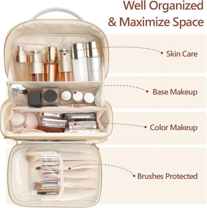 Quilted Travel Makeup Bag for Women - PU Leather Open Flat Cosmetic Bags for Women with Dividers, Independent Brush Holder, Waterproof Make Up Organizer for Travel Bathroom, Cream (L)