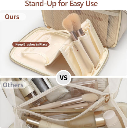 Quilted Travel Makeup Bag for Women - PU Leather Open Flat Cosmetic Bags for Women with Dividers, Independent Brush Holder, Waterproof Make Up Organizer for Travel Bathroom, Cream (L)
