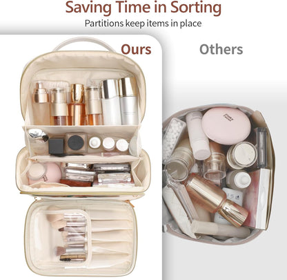 Quilted Travel Makeup Bag for Women - PU Leather Open Flat Cosmetic Bags for Women with Dividers, Independent Brush Holder, Waterproof Make Up Organizer for Travel Bathroom, Cream (L)