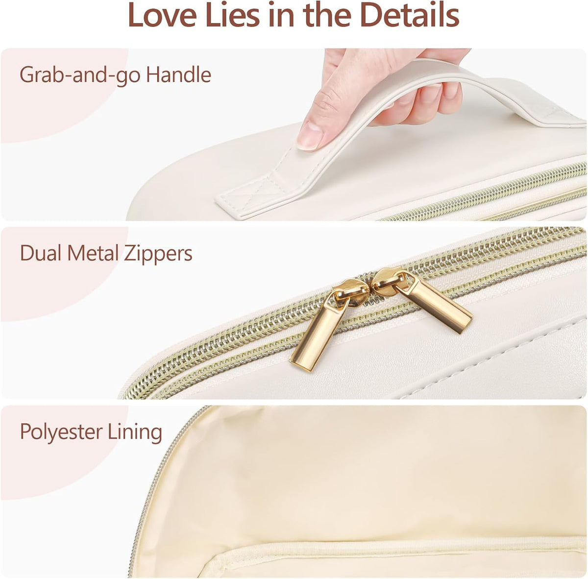Quilted Travel Makeup Bag for Women - PU Leather Open Flat Cosmetic Bags for Women with Dividers, Independent Brush Holder, Waterproof Make Up Organizer for Travel Bathroom, Cream (L)