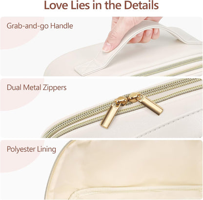 Quilted Travel Makeup Bag for Women - PU Leather Open Flat Cosmetic Bags for Women with Dividers, Independent Brush Holder, Waterproof Make Up Organizer for Travel Bathroom, Cream (L)