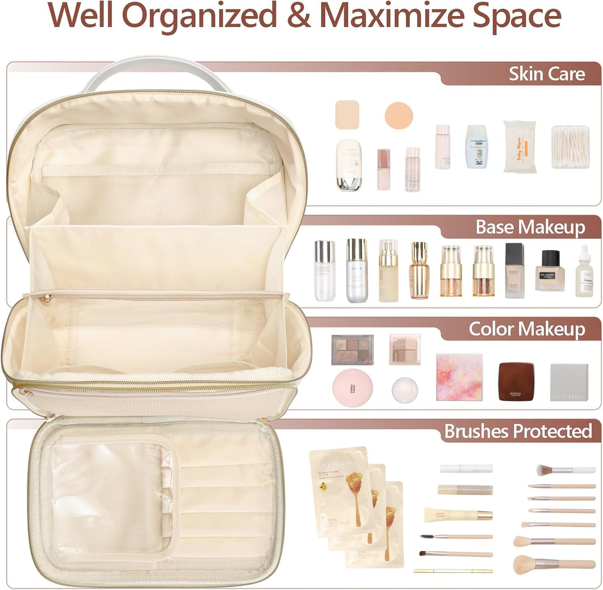 Quilted Travel Makeup Bag for Women - PU Leather Open Flat Cosmetic Bags for Women with Dividers, Independent Brush Holder, Waterproof Make Up Organizer for Travel Bathroom, Cream (L)