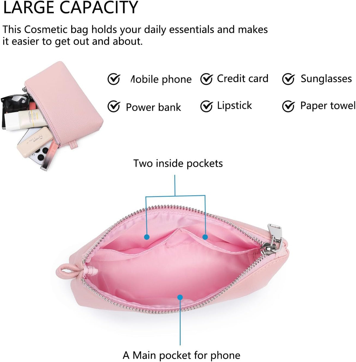 Mini Nylon Travel Toiletry Bag for Women, Water-Resistant Small Makeup Bag Organizer with 2 Dividers, Lightweight Cosmetic Pouch for Purse and Gym (Nylon/Black) - Colors A