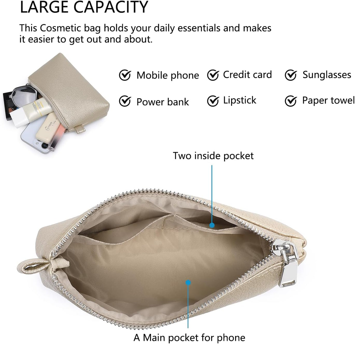 Mini Nylon Travel Toiletry Bag for Women, Water-Resistant Small Makeup Bag Organizer with 2 Dividers, Lightweight Cosmetic Pouch for Purse and Gym (Nylon/Black) - Colors A