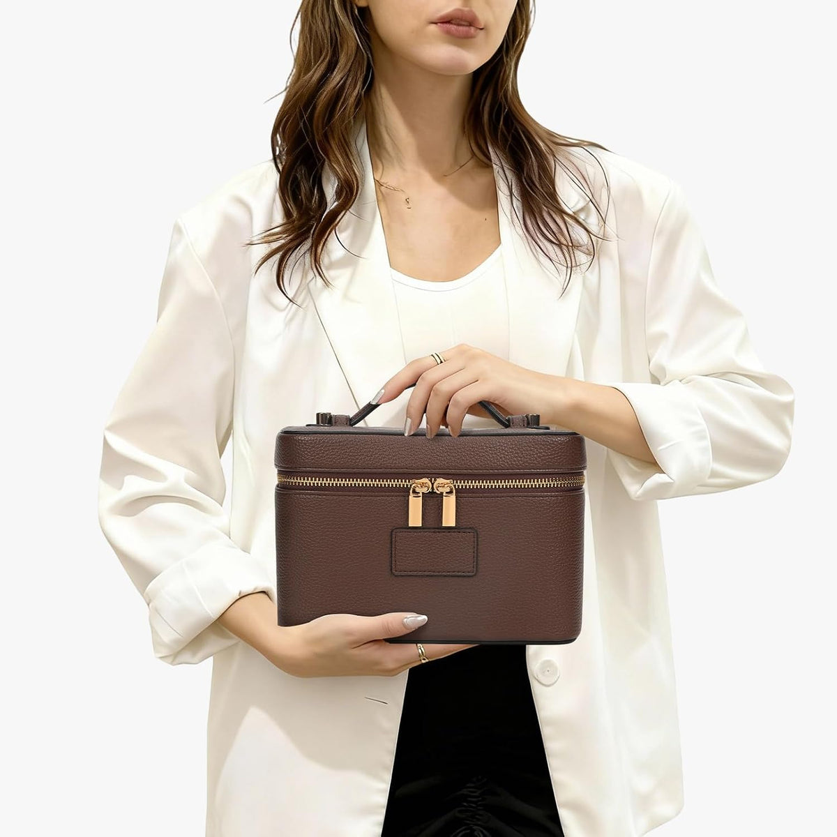 Makeup Bag Vanity Case with Removable Divider Travel Toiletry Bag Portable Cosmetic Bag Makeup Organizer Case (Light Brown)