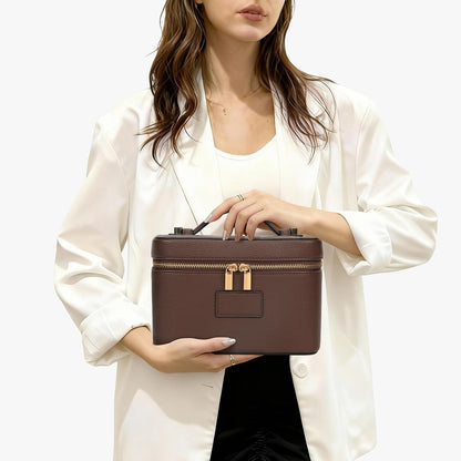 Makeup Bag Vanity Case with Removable Divider Travel Toiletry Bag Portable Cosmetic Bag Makeup Organizer Case (Light Brown)