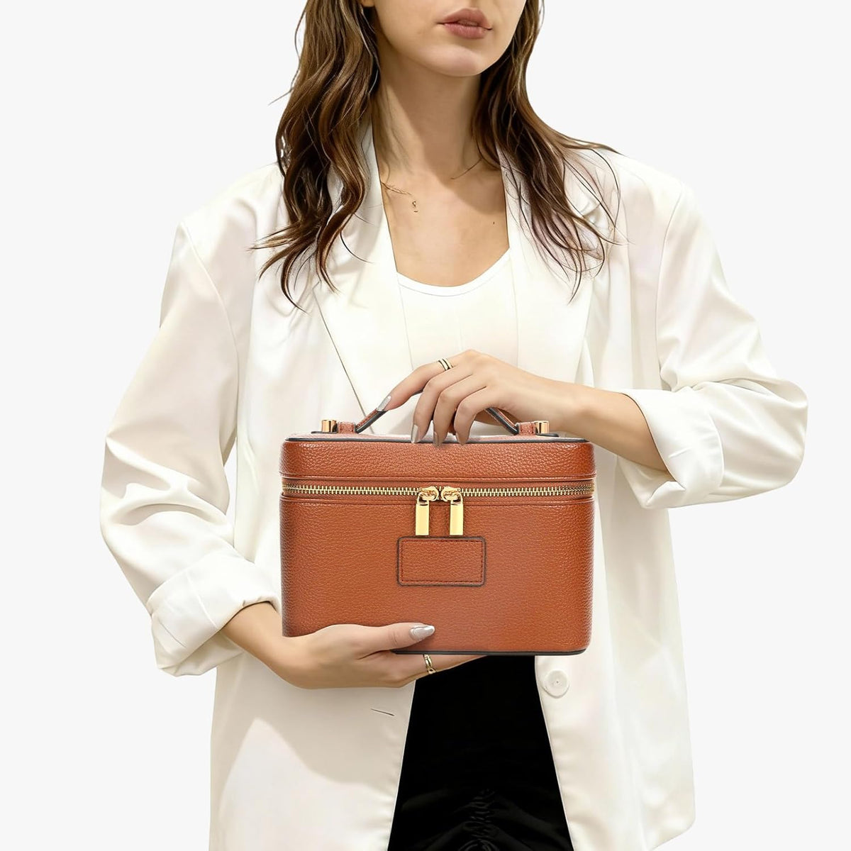 Makeup Bag Vanity Case with Removable Divider Travel Toiletry Bag Portable Cosmetic Bag Makeup Organizer Case (Light Brown)
