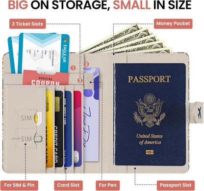 Passport Holder for Travel Essentials, RFID Blocking Leather Cover Wallet with Magnetic Closure, Aesthetic & Cute Passport Book Case for Women and Men - Sunrise (Upgraded with Money Pocket)
