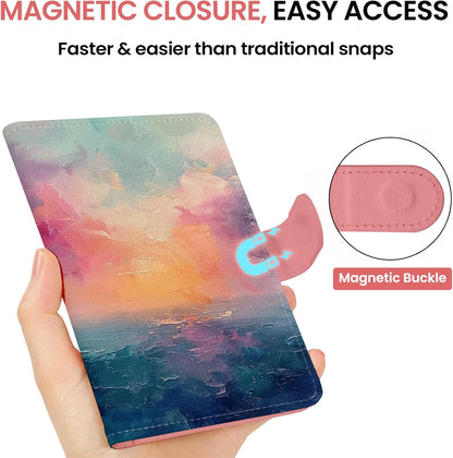 Passport Holder for Travel Essentials, RFID Blocking Leather Cover Wallet with Magnetic Closure, Aesthetic & Cute Passport Book Case for Women and Men - Sunrise (Upgraded with Money Pocket)