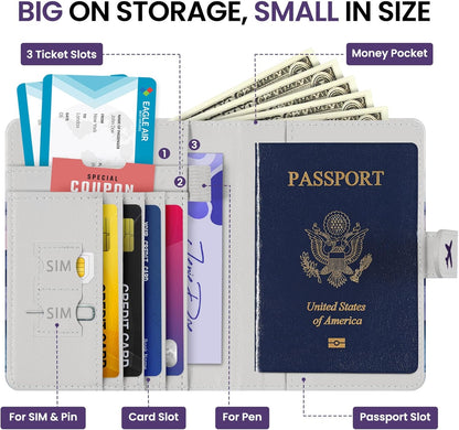 Passport Holder for Travel Essentials, RFID Blocking Leather Cover Wallet with Magnetic Closure, Aesthetic & Cute Passport Book Case for Women and Men - Sunrise (Upgraded with Money Pocket)