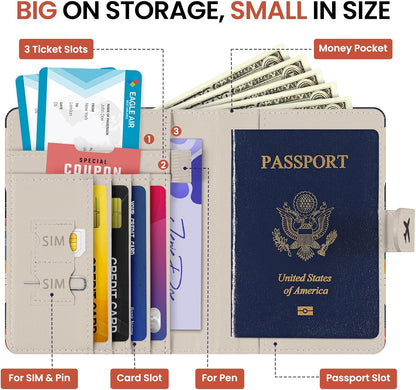 Passport Holder for Travel Essentials, RFID Blocking Leather Cover Wallet with Magnetic Closure, Aesthetic & Cute Passport Book Case for Women and Men - Sunrise (Upgraded with Money Pocket)