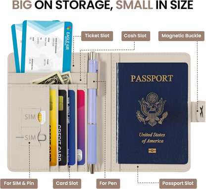 Passport Holder for Travel Essentials, RFID Blocking Leather Cover Wallet with Magnetic Closure, Aesthetic & Cute Passport Book Case for Women and Men - Sunrise (Upgraded with Money Pocket)