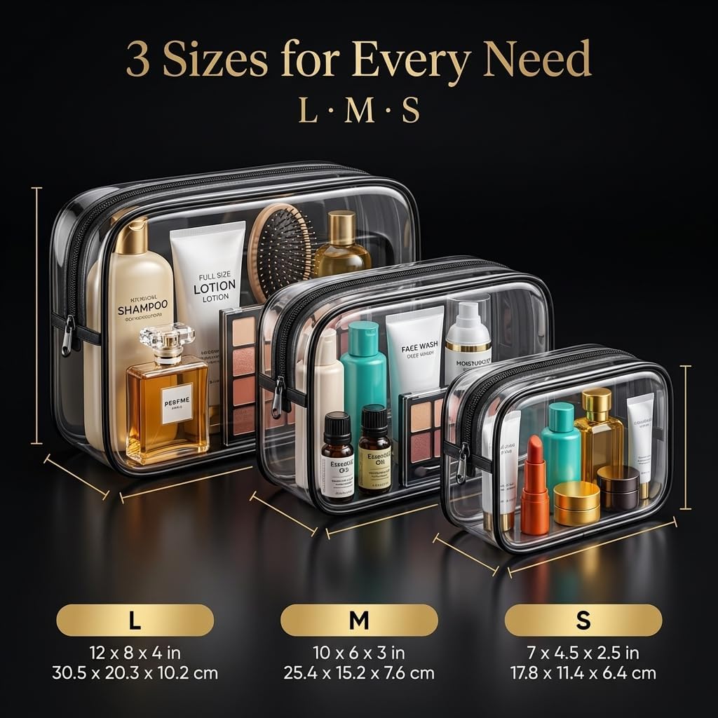 Clear Makeup Bag, TSA Approved Toiletry Bag for Women, Waterproof PVC Cosmetic Pouch Travel Organizer, Clear Bags for Diaper Bag Organizer Purse, Portable Zipper Pouch Set (L+M+M+S)