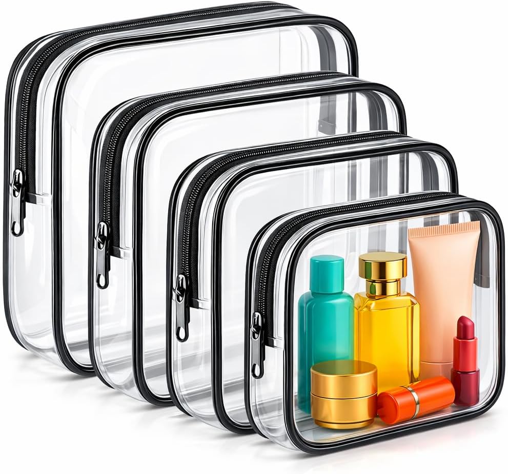 Clear Makeup Bag, TSA Approved Toiletry Bag for Women, Waterproof PVC Cosmetic Pouch Travel Organizer, Clear Bags for Diaper Bag Organizer Purse, Portable Zipper Pouch Set (L+M+M+S)