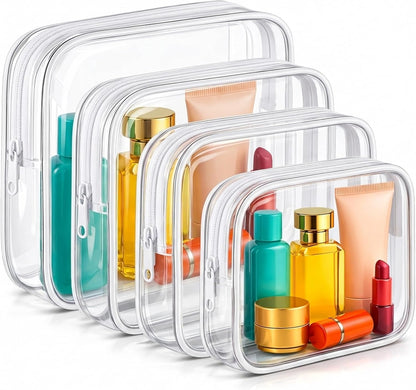 Clear Makeup Bag, TSA Approved Toiletry Bag for Women, Waterproof PVC Cosmetic Pouch Travel Organizer, Clear Bags for Diaper Bag Organizer Purse, Portable Zipper Pouch Set (L+M+M+S)