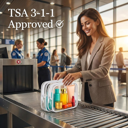 Clear Makeup Bag, TSA Approved Toiletry Bag for Women, Waterproof PVC Cosmetic Pouch Travel Organizer, Clear Bags for Diaper Bag Organizer Purse, Portable Zipper Pouch Set (L+M+M+S)