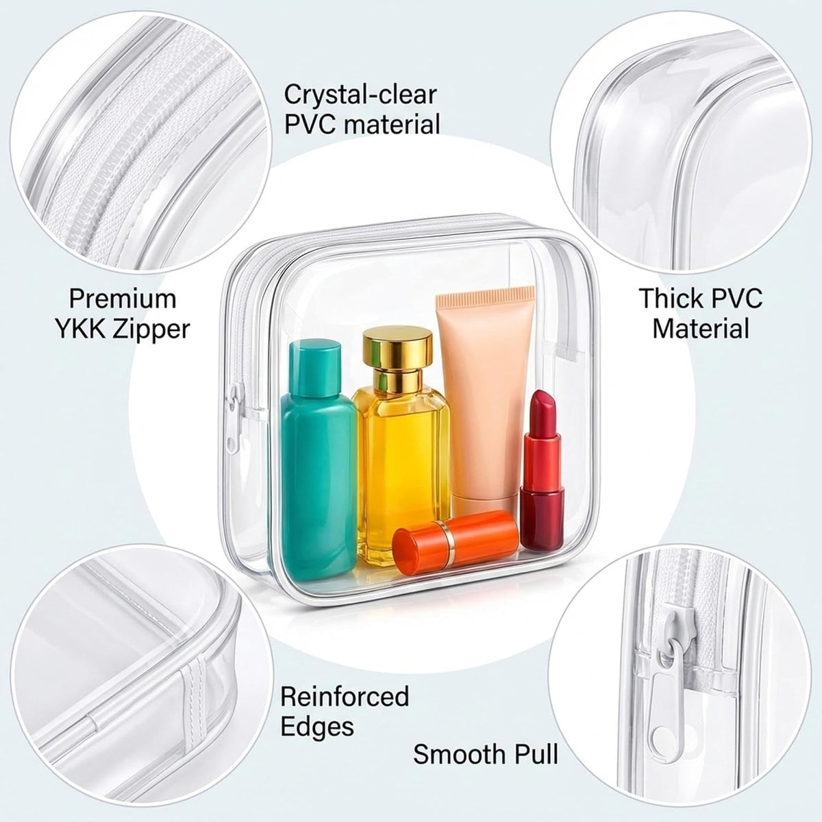 Clear Makeup Bag, TSA Approved Toiletry Bag for Women, Waterproof PVC Cosmetic Pouch Travel Organizer, Clear Bags for Diaper Bag Organizer Purse, Portable Zipper Pouch Set (L+M+M+S)