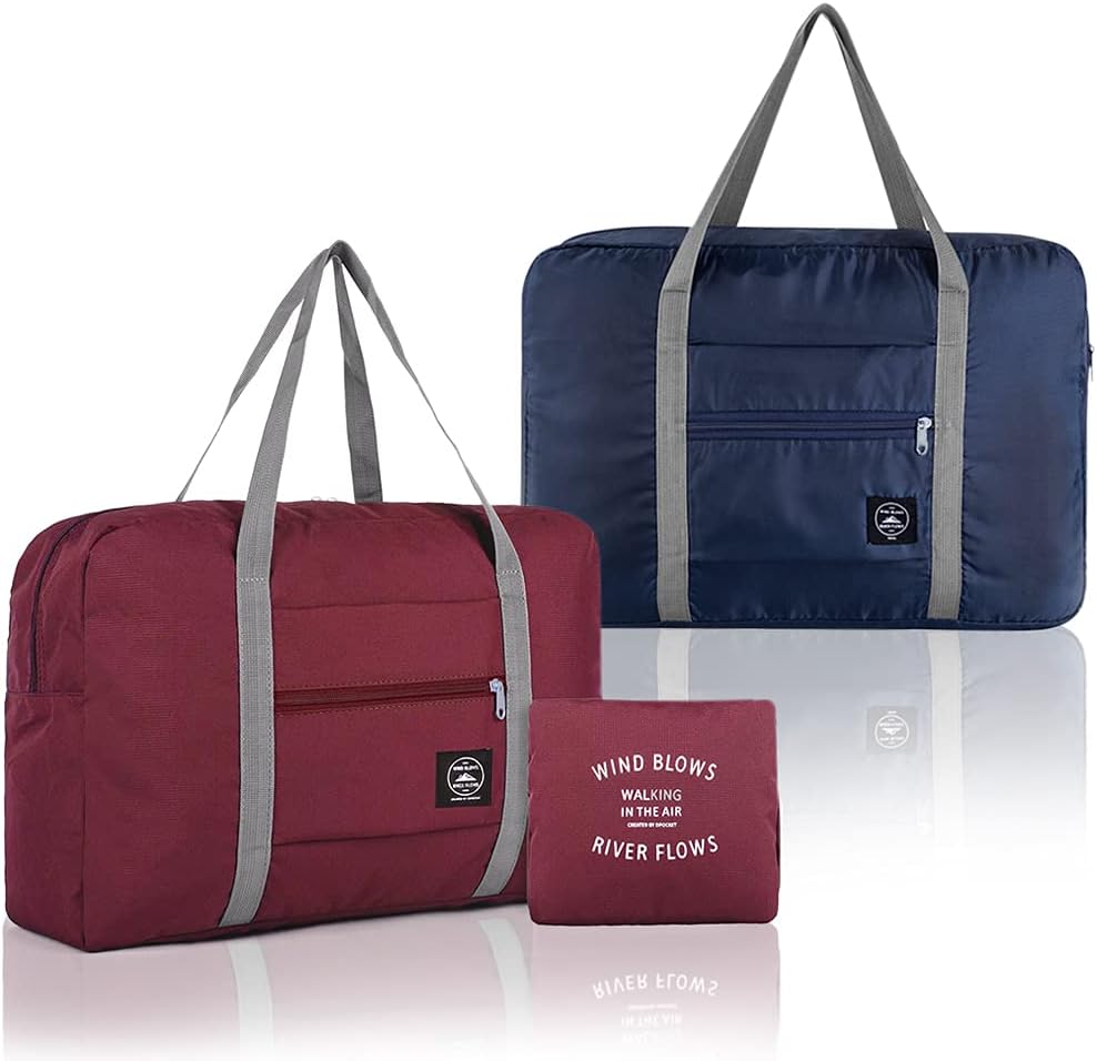 4 Pcs Foldable Travel Duffel Bag, Waterproof Lightweight Carry-on Bags, Suitable for Overnight, Holiday, Shopping, Weekends, Outing, Gym(Wine Red/Navy Blue/Sky Blue/Light Pink)