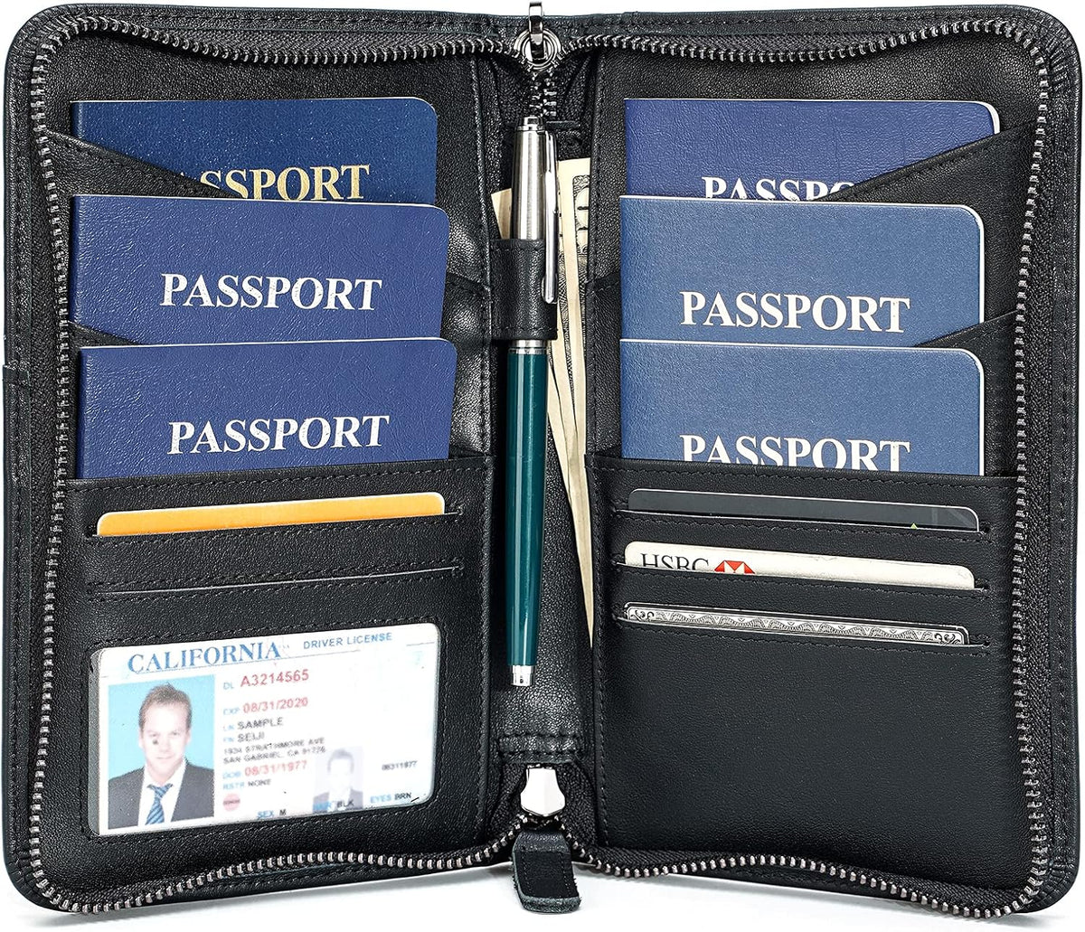 Polare Full Grain Leather Passport Holder Cover Case for Men and Women RFID Blocking Family Travel Wallet Holds 6 Passports (Coffee)