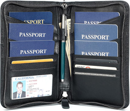 Polare Full Grain Leather Passport Holder Cover Case for Men and Women RFID Blocking Family Travel Wallet Holds 6 Passports (Coffee)