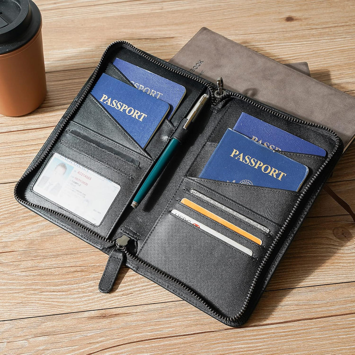 Polare Full Grain Leather Passport Holder Cover Case for Men and Women RFID Blocking Family Travel Wallet Holds 6 Passports (Coffee)
