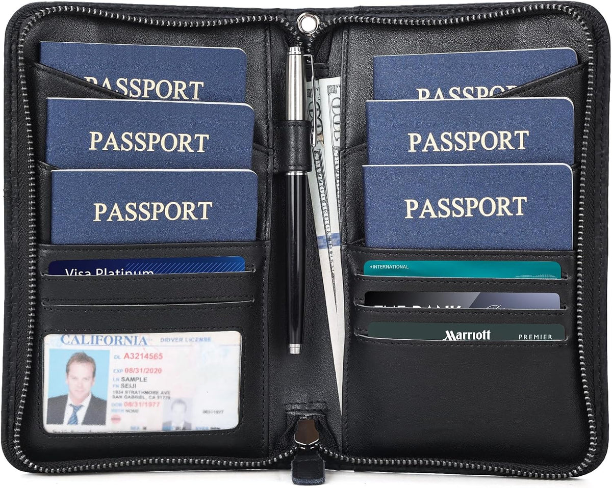 Polare Full Grain Leather Passport Holder Cover Case for Men and Women RFID Blocking Family Travel Wallet Holds 6 Passports (Coffee)