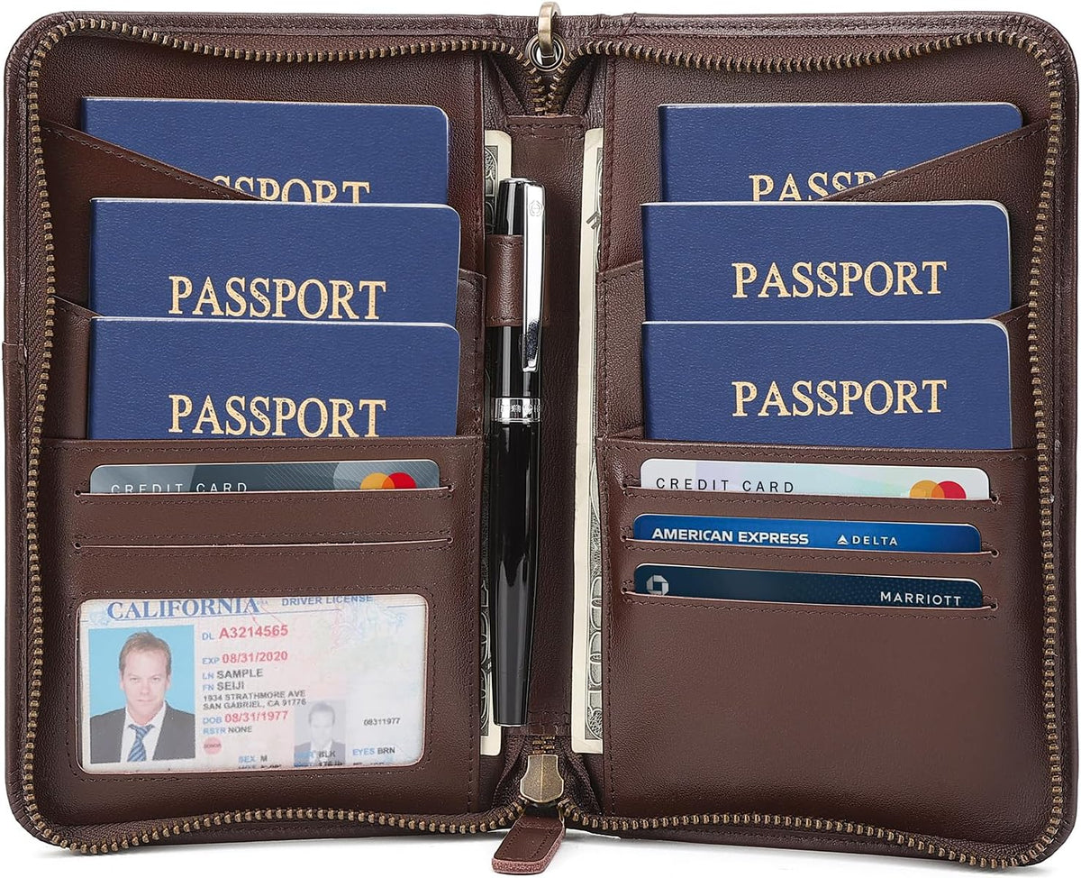 Polare Full Grain Leather Passport Holder Cover Case for Men and Women RFID Blocking Family Travel Wallet Holds 6 Passports (Coffee)