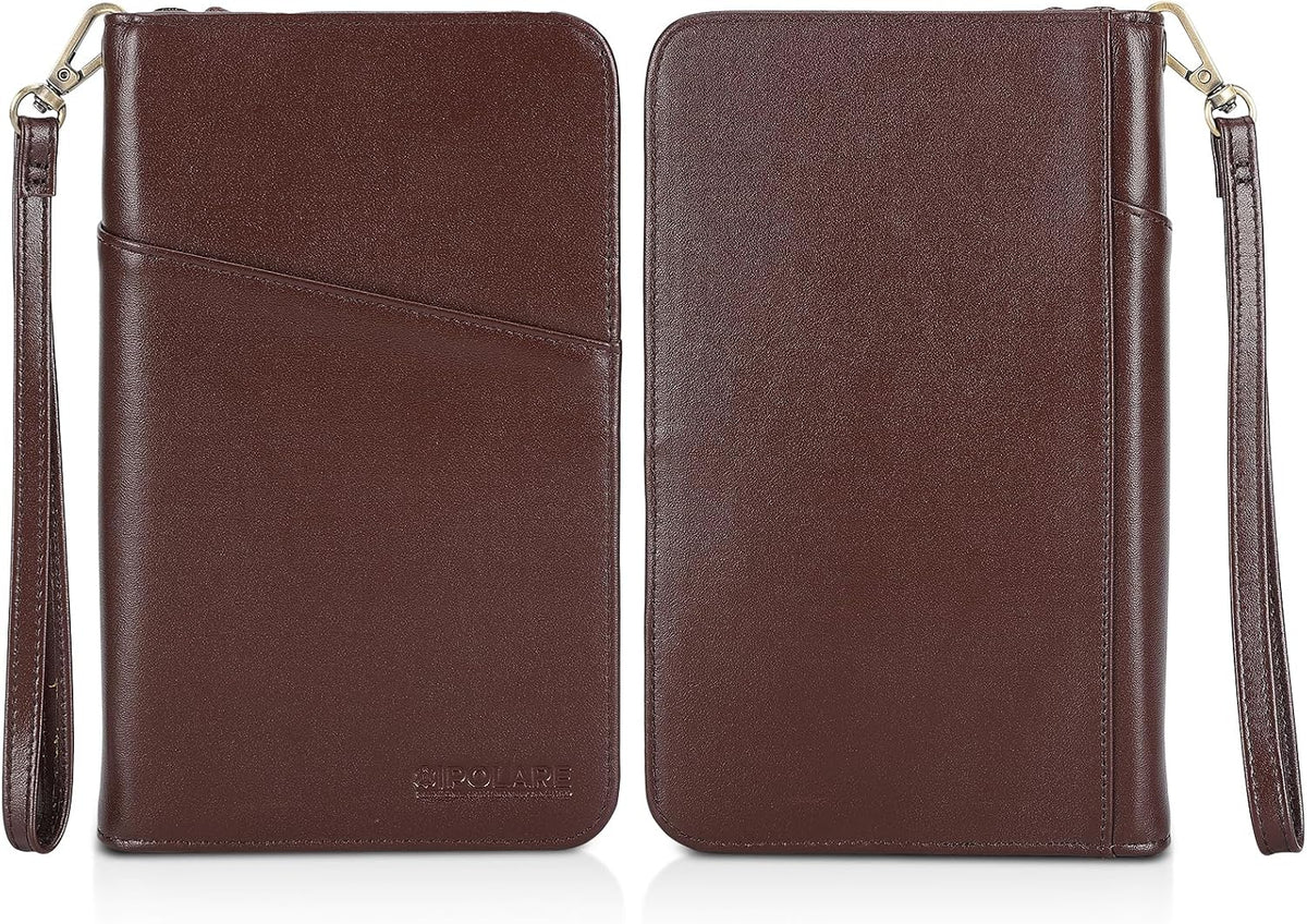 Polare Full Grain Leather Passport Holder Cover Case for Men and Women RFID Blocking Family Travel Wallet Holds 6 Passports (Coffee)