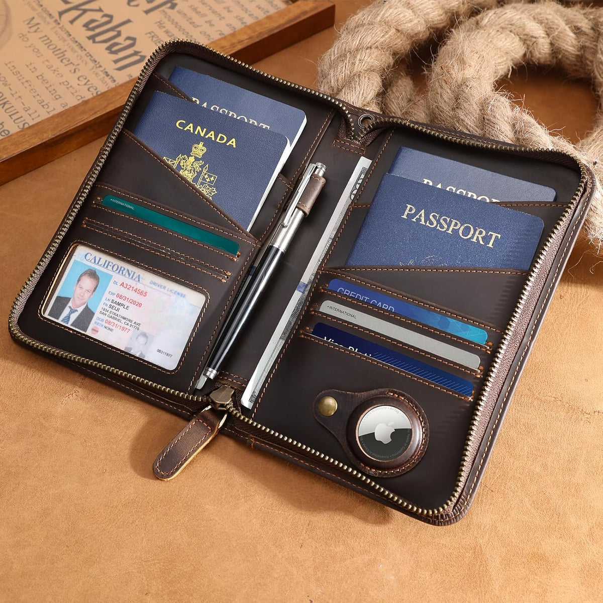 Polare Full Grain Leather Passport Holder Cover Case for Men and Women RFID Blocking Family Travel Wallet Holds 6 Passports (Coffee)