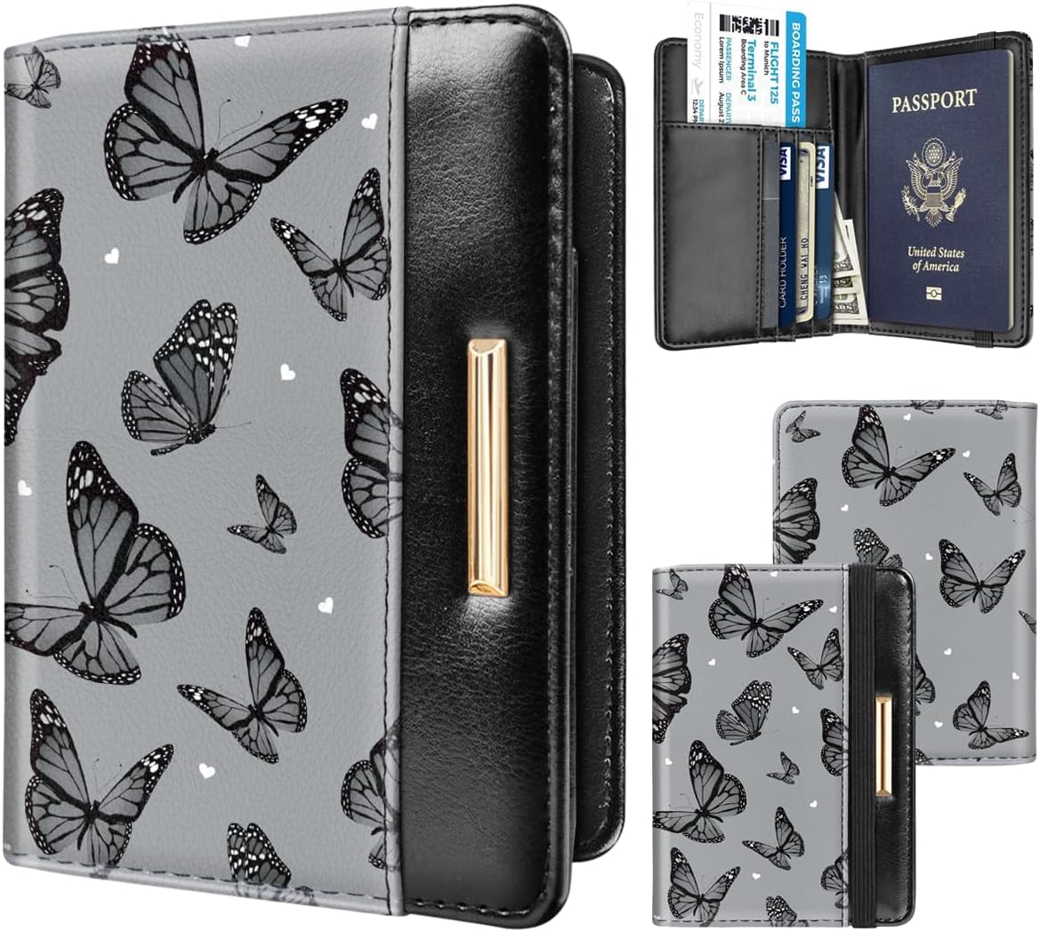 Passport Holder Cover, RFID Travel Wallet Women Card Holder | Travel Essentials, Passport Book Holders, Passport Cover Case, PU Leather, Cute, Thin, Spliced Design, Green Flower - Colors A