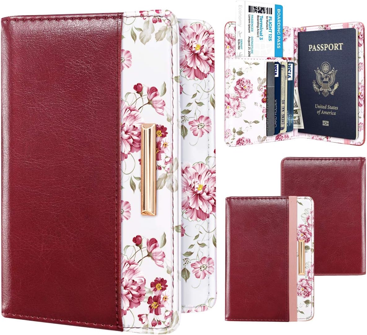 Passport Holder Cover, RFID Travel Wallet Women Card Holder | Travel Essentials, Passport Book Holders, Passport Cover Case, PU Leather, Cute, Thin, Spliced Design, Green Flower - Colors A