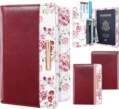 Passport Holder Cover, RFID Travel Wallet Women Card Holder | Travel Essentials, Passport Book Holders, Passport Cover Case, PU Leather, Cute, Thin, Spliced Design, Green Flower - Colors A
