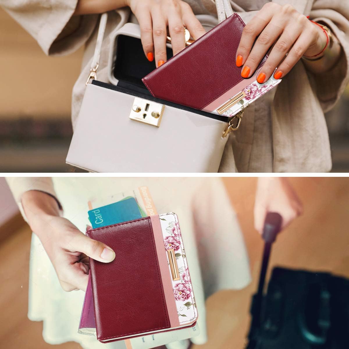 Passport Holder Cover, RFID Travel Wallet Women Card Holder | Travel Essentials, Passport Book Holders, Passport Cover Case, PU Leather, Cute, Thin, Spliced Design, Green Flower - Colors A