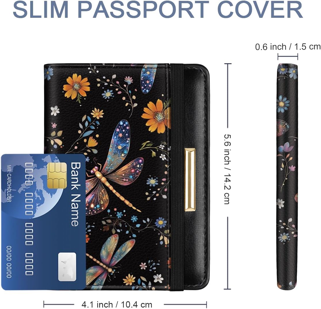 Passport Holder Cover, RFID Travel Wallet Women Card Holder | Travel Essentials, Passport Book Holders, Passport Cover Case, PU Leather, Cute, Thin, Spliced Design, Green Flower - Colors A
