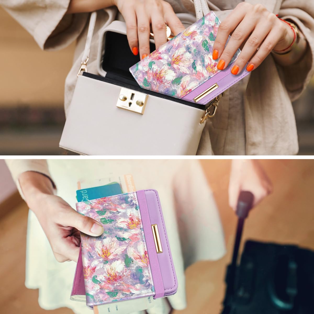 Passport Holder Cover, RFID Travel Wallet Women Card Holder | Travel Essentials, Passport Book Holders, Passport Cover Case, PU Leather, Cute, Thin, Spliced Design, Green Flower - Colors A