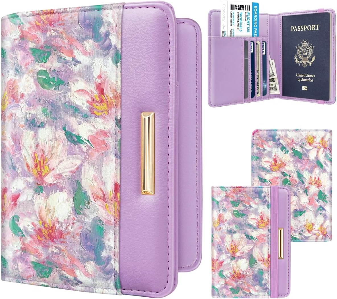 Passport Holder Cover, RFID Travel Wallet Women Card Holder | Travel Essentials, Passport Book Holders, Passport Cover Case, PU Leather, Cute, Thin, Spliced Design, Green Flower - Colors A