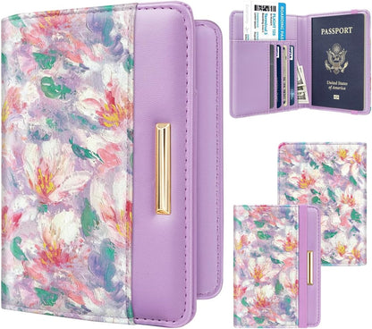 Passport Holder Cover, RFID Travel Wallet Women Card Holder | Travel Essentials, Passport Book Holders, Passport Cover Case, PU Leather, Cute, Thin, Spliced Design, Green Flower - Colors A