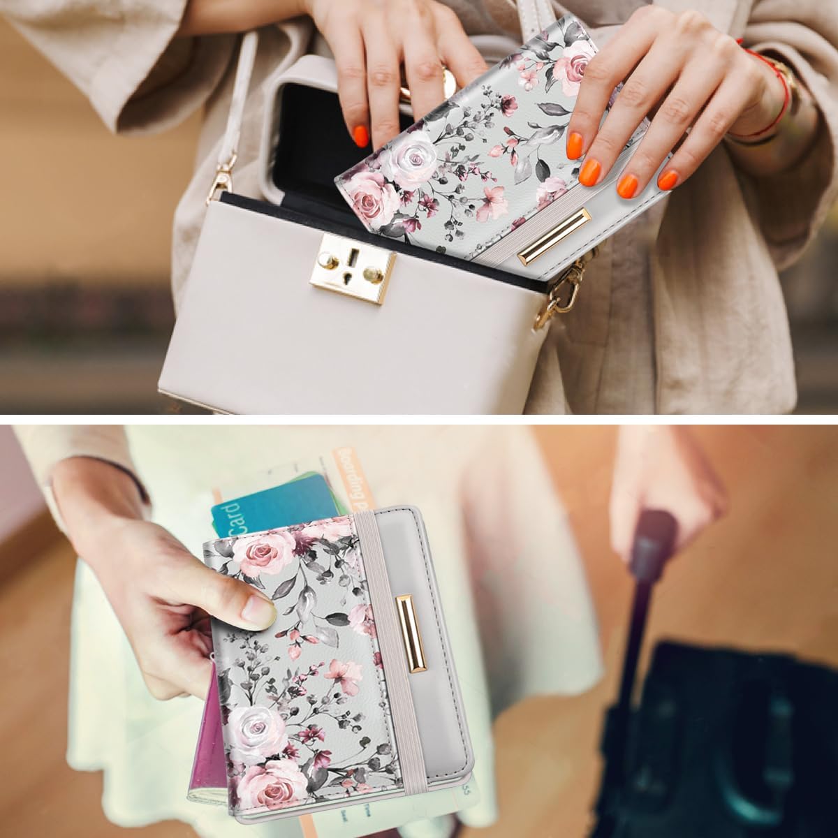 Passport Holder Cover, RFID Travel Wallet Women Card Holder | Travel Essentials, Passport Book Holders, Passport Cover Case, PU Leather, Cute, Thin, Spliced Design, Green Flower - Colors A