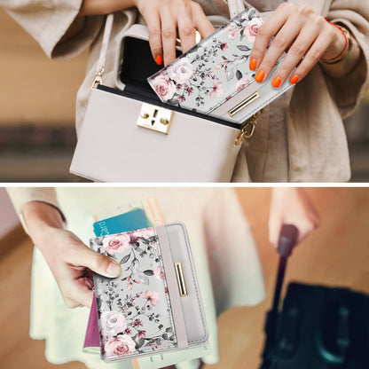 Passport Holder Cover, RFID Travel Wallet Women Card Holder | Travel Essentials, Passport Book Holders, Passport Cover Case, PU Leather, Cute, Thin, Spliced Design, Green Flower - Colors A
