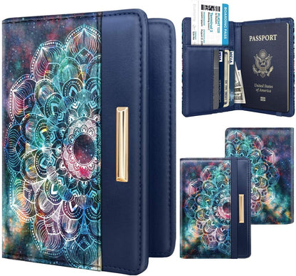 Passport Holder Cover, RFID Travel Wallet Women Card Holder | Travel Essentials, Passport Book Holders, Passport Cover Case, PU Leather, Cute, Thin, Spliced Design, Green Flower - Colors A