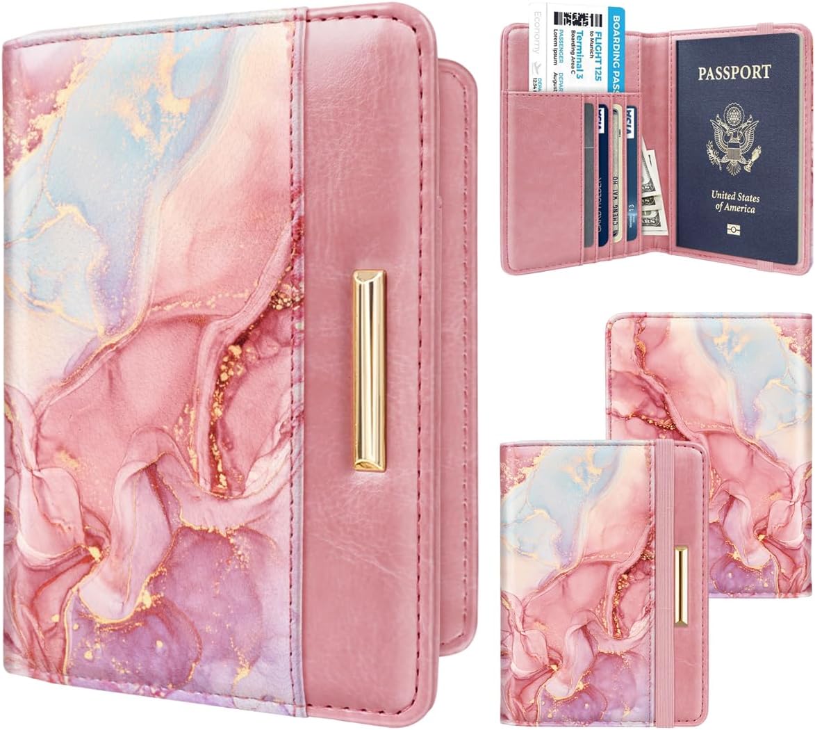 Passport Holder Cover, RFID Travel Wallet Women Card Holder | Travel Essentials, Passport Book Holders, Passport Cover Case, PU Leather, Cute, Thin, Spliced Design, Green Flower - Colors A