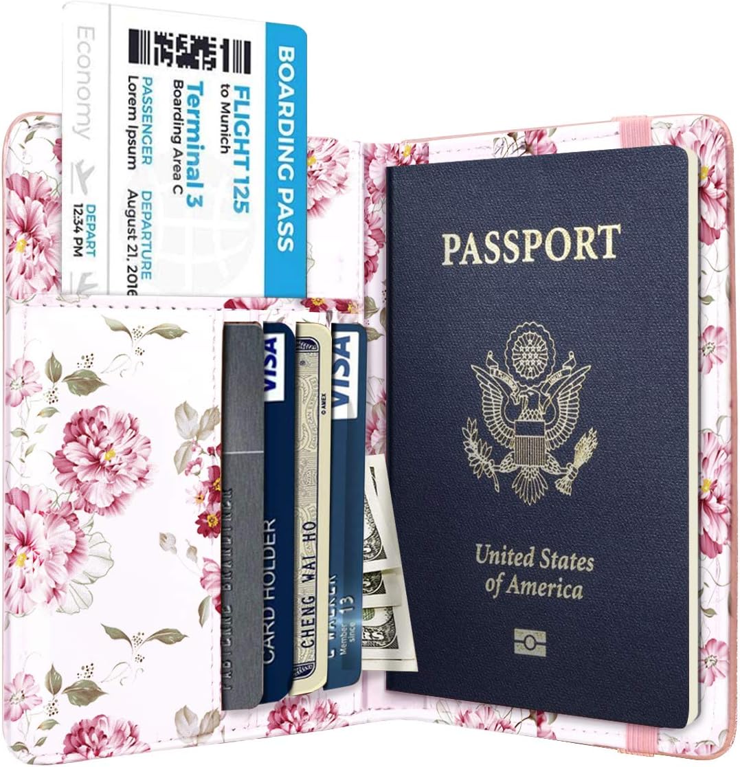 Passport Holder Cover, RFID Travel Wallet Women Card Holder | Travel Essentials, Passport Book Holders, Passport Cover Case, PU Leather, Cute, Thin, Spliced Design, Green Flower - Colors A