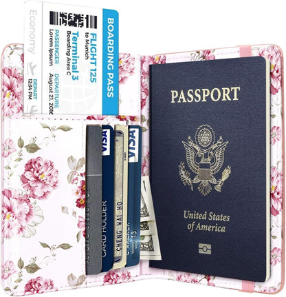 Passport Holder Cover, RFID Travel Wallet Women Card Holder | Travel Essentials, Passport Book Holders, Passport Cover Case, PU Leather, Cute, Thin, Spliced Design, Green Flower - Colors A